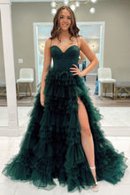 Load image into Gallery viewer, Dark Green A-Line Spaghetti Straps Long Tulle Prom Dress with High Slit
