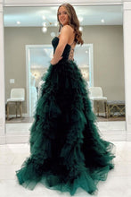 Load image into Gallery viewer, Dark Green A-Line Spaghetti Straps Long Tulle Prom Dress with High Slit
