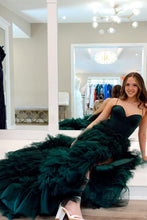 Load image into Gallery viewer, Dark Green A-Line Spaghetti Straps Long Tulle Prom Dress with High Slit
