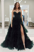 Load image into Gallery viewer, Dark Green A-Line Spaghetti Straps Long Tulle Prom Dress with High Slit
