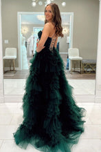 Load image into Gallery viewer, Dark Green A-Line Spaghetti Straps Long Tulle Prom Dress with High Slit

