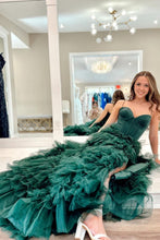 Load image into Gallery viewer, Dark Green A-Line Spaghetti Straps Long Tulle Prom Dress with High Slit
