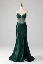Load image into Gallery viewer, Dark Green Mermaid Strapless Long Corset Prom Dress with Beading
