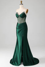 Load image into Gallery viewer, Dark Green Mermaid Strapless Long Corset Prom Dress with Beading

