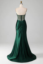 Load image into Gallery viewer, Dark Green Mermaid Strapless Long Corset Prom Dress with Beading
