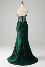 Load image into Gallery viewer, Dark Green Mermaid Strapless Long Corset Prom Dress with Beading