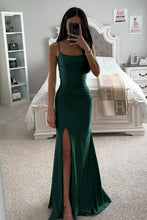 Load image into Gallery viewer, Dark Green Spaghetti Straps Long Mermaid Satin Prom Dress With Slit