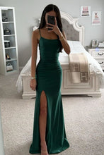 Load image into Gallery viewer, Dark Green Spaghetti Straps Long Mermaid Satin Prom Dress With Slit