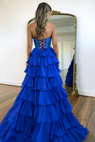 Gorgeous Royal Blue A-Line Sparkly Long Layered Chiffon Prom Dress With Slit