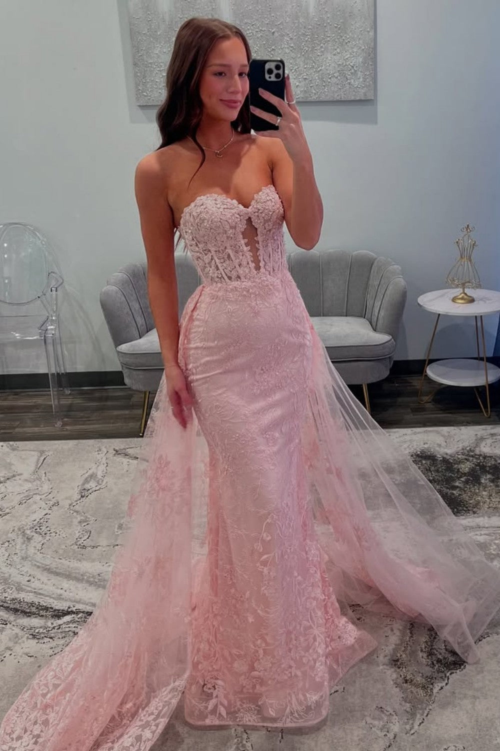 Dreamy Mermaid Sweetheart Pink Lace Long Prom Dress with Tulle Train