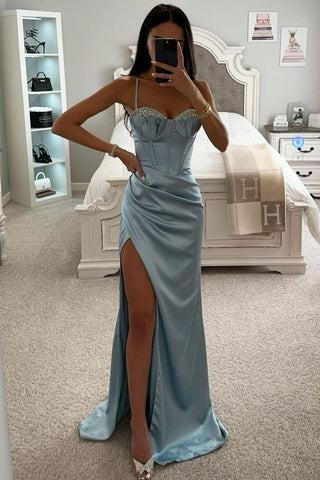 Dusty Blue Mermaid Spaghetti Straps Long Satin Prom Dress With Beading