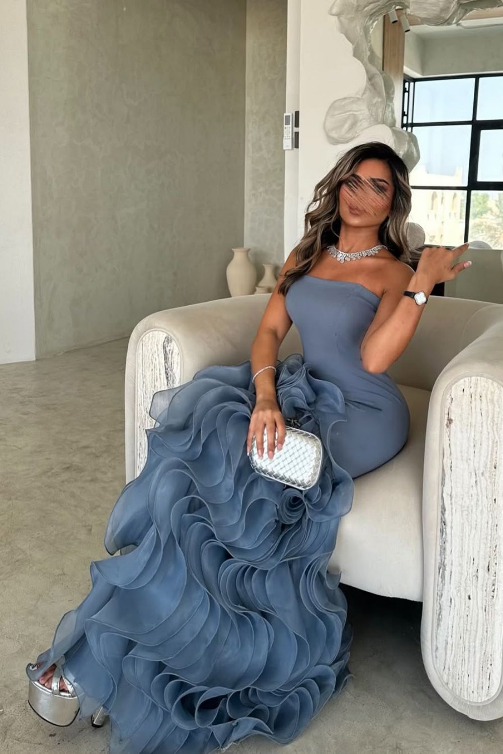 dusty blue mermaid dress Ice Blue Satin Corset Mermaid Gown with Crystal Embellishments