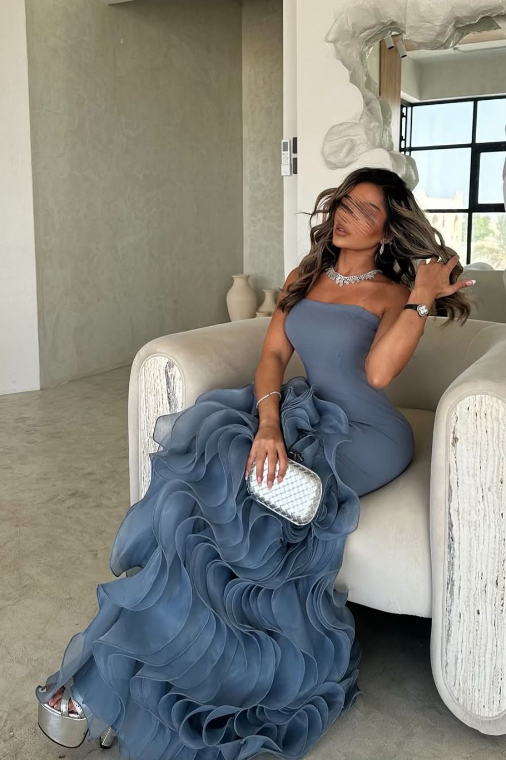 Niulatu Mermaid Strapless Tulle Blue Long Prom Gown Fairy Prom Dresses SD2959 main image 0