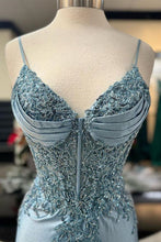 Load image into Gallery viewer, Dusty Green Mermaid Spaghetti Straps Long Prom Dress With Appliques