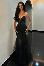 Load image into Gallery viewer, Elegant Mermaid Sweetheart Black Sequin Mermaid Prom Dress with Sheer Corset Bodice