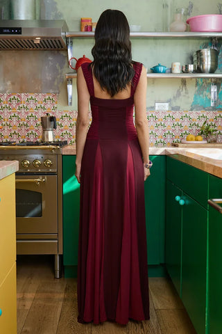 Elegant A Line Square Neck Burgundy Long Prom Dress with Ruffles