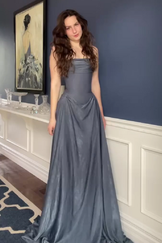 Romantic A Line Strapless Grey Blue Long Prom Dress with Ruffles
