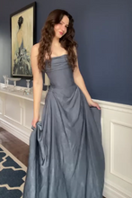 Load image into Gallery viewer, Romantic A Line Strapless Grey Blue Long Prom Dress with Ruffles