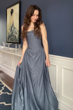 Load image into Gallery viewer, Romantic A Line Strapless Grey Blue Long Prom Dress with Ruffles