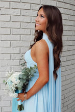 Load image into Gallery viewer, Elegant A Line Strapless Light Blue Long Prom Dress with Scarf
