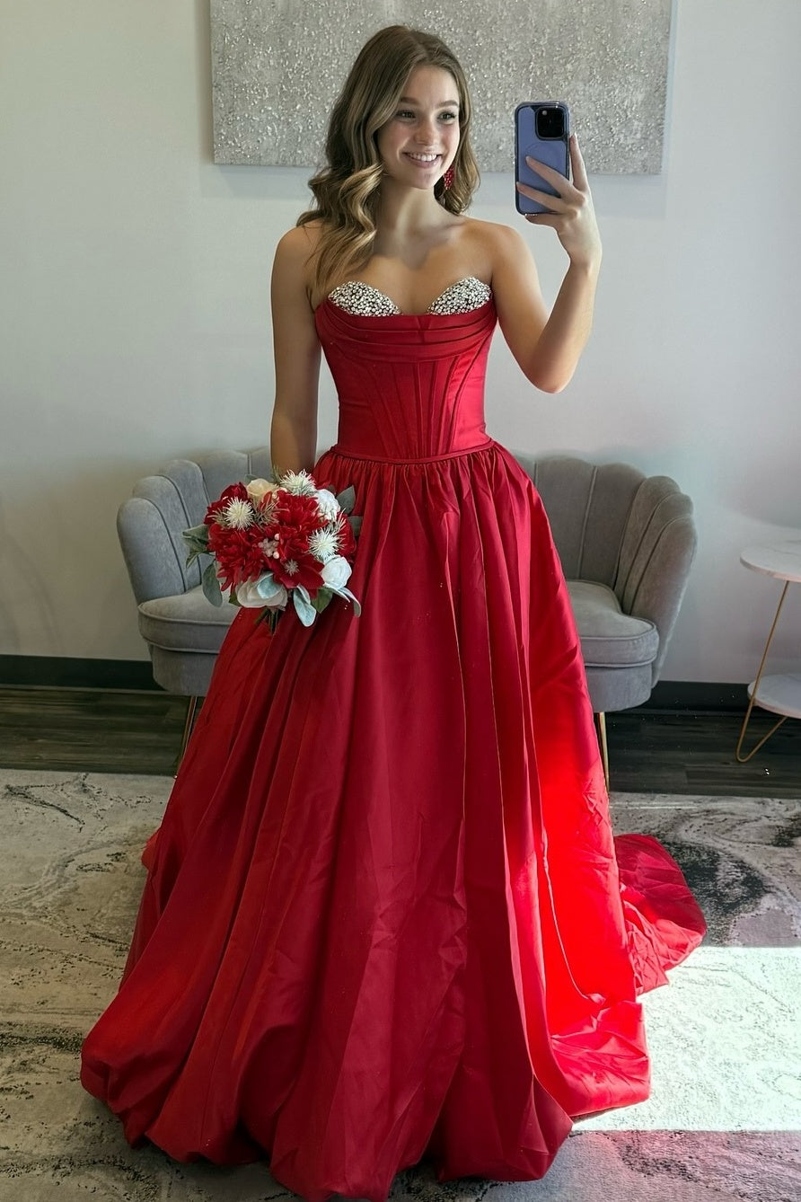 Elegant A Line Sweetheart Red Corset Prom Dress with Beading