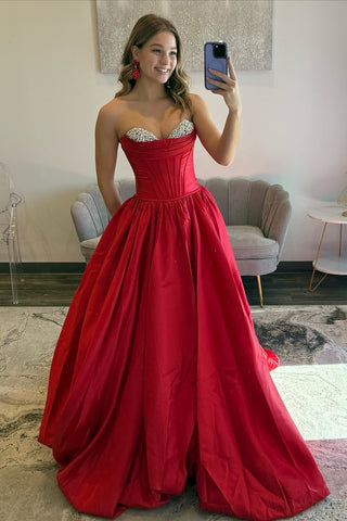 Elegant A Line Sweetheart Red Corset Prom Dress with Beading
