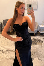 Load image into Gallery viewer, Hot Mermaid Sweetheart Black Corset Prom Dress with Appliques Slit