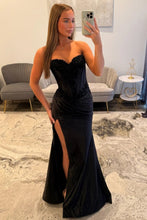 Load image into Gallery viewer, Hot Mermaid Sweetheart Black Corset Prom Dress with Appliques Slit