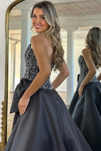 Load image into Gallery viewer, Luxurious A Line Strapless Black Satin Prom Dress with Beading Bowknot