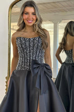 Load image into Gallery viewer, Luxurious A Line Strapless Black Satin Prom Dress with Beading Bowknot
