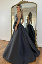 Load image into Gallery viewer, Luxurious A Line Strapless Black Satin Prom Dress with Beading Bowknot