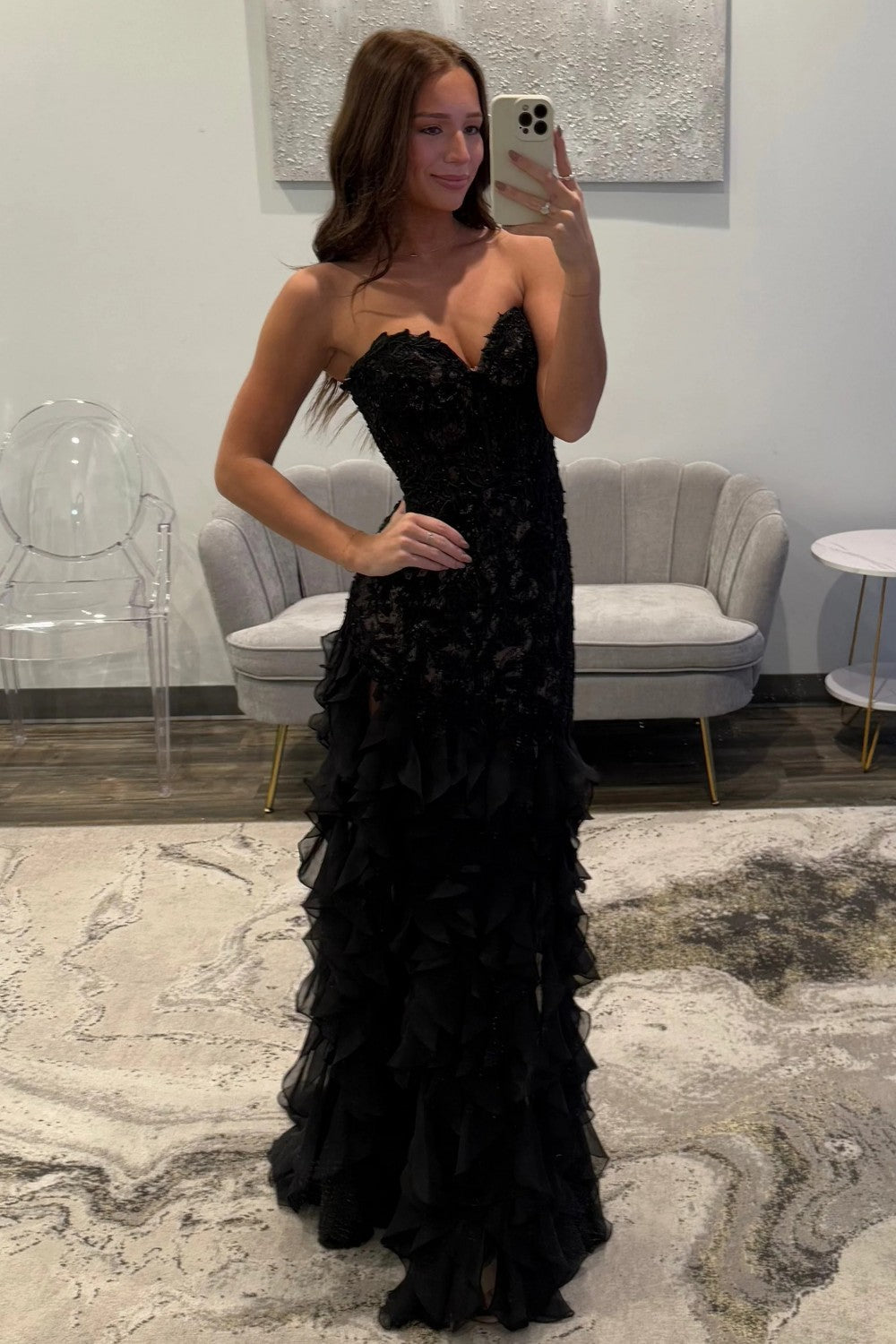 Gorgeous Mermaid Sweetheart Black Long Prom Dress with Appliques Ruffles