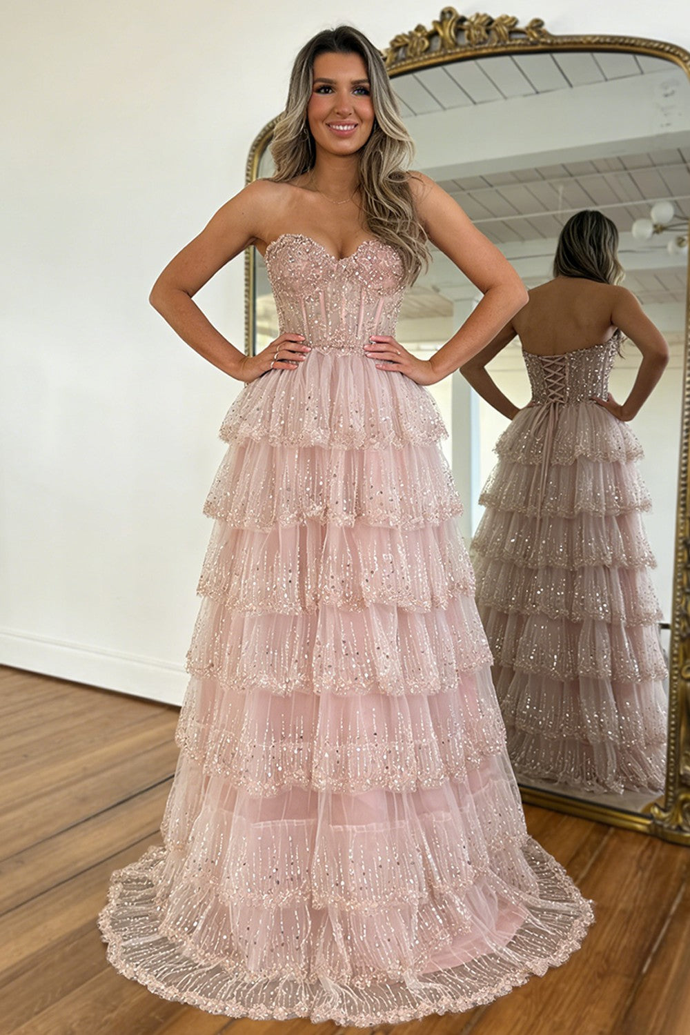 Gorgeous A Line Sweetheart Blush Pink Lace Up Tiered Tulle Prom Dress with Sparkle