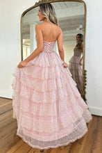 Load image into Gallery viewer, Gorgeous A Line Sweetheart Blush Pink Lace Up Tiered Tulle Prom Dress with Sparkle