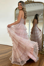Load image into Gallery viewer, Gorgeous A Line Sweetheart Blush Pink Lace Up Tiered Tulle Prom Dress with Sparkle