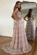 Load image into Gallery viewer, Gorgeous A Line Sweetheart Blush Pink Lace Up Tiered Tulle Prom Dress with Sparkle