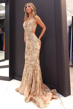 Load image into Gallery viewer, Hot Mermaid Spaghetti Straps Gold Long Prom Dress with Criss Cross Back