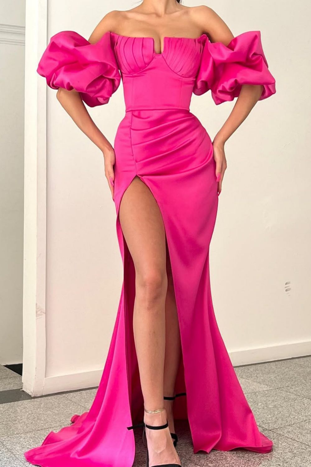 Elegant Hot Pink Mermaid Puff Sleeves Long Satin Formal Dress with Slit