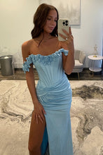 Load image into Gallery viewer, Chic Mermaid Off the Shoulder Blue Corset Prom Dress with 3D Flowers
