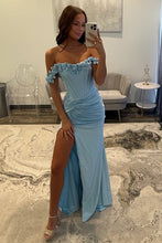 Load image into Gallery viewer, Chic Mermaid Off the Shoulder Blue Corset Prom Dress with 3D Flowers