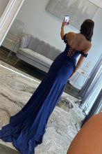 Load image into Gallery viewer, Chic Mermaid Off the Shoulder Blue Corset Prom Dress with 3D Flowers