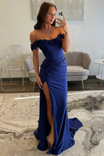 Load image into Gallery viewer, Chic Mermaid Off the Shoulder Blue Corset Prom Dress with 3D Flowers