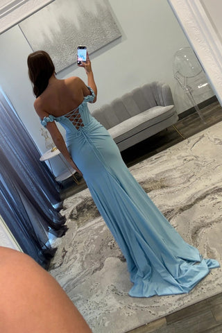 Chic Mermaid Off the Shoulder Blue Corset Prom Dress with 3D Flowers
