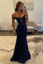 Load image into Gallery viewer, Stunning Mermaid Off the Shoulder Navy Long Prom Dress with Appliques Beading