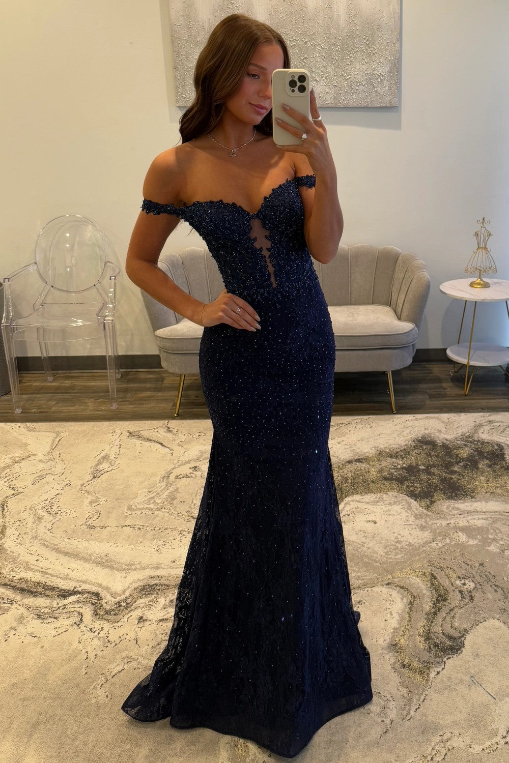 Stunning Mermaid Off the Shoulder Navy Long Prom Dress with Appliques Beading