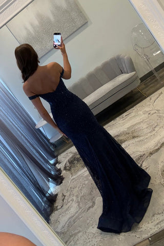 Stunning Mermaid Off the Shoulder Navy Long Prom Dress with Appliques Beading