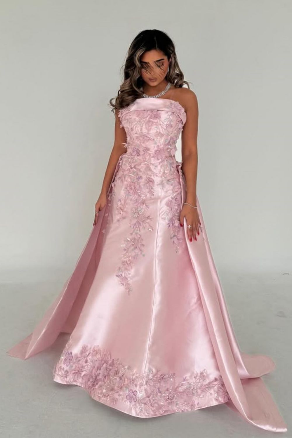 Luuvis Women Elegant Pink A-Line Strapless Satin Party Dress with Appliques  and Detachable Train