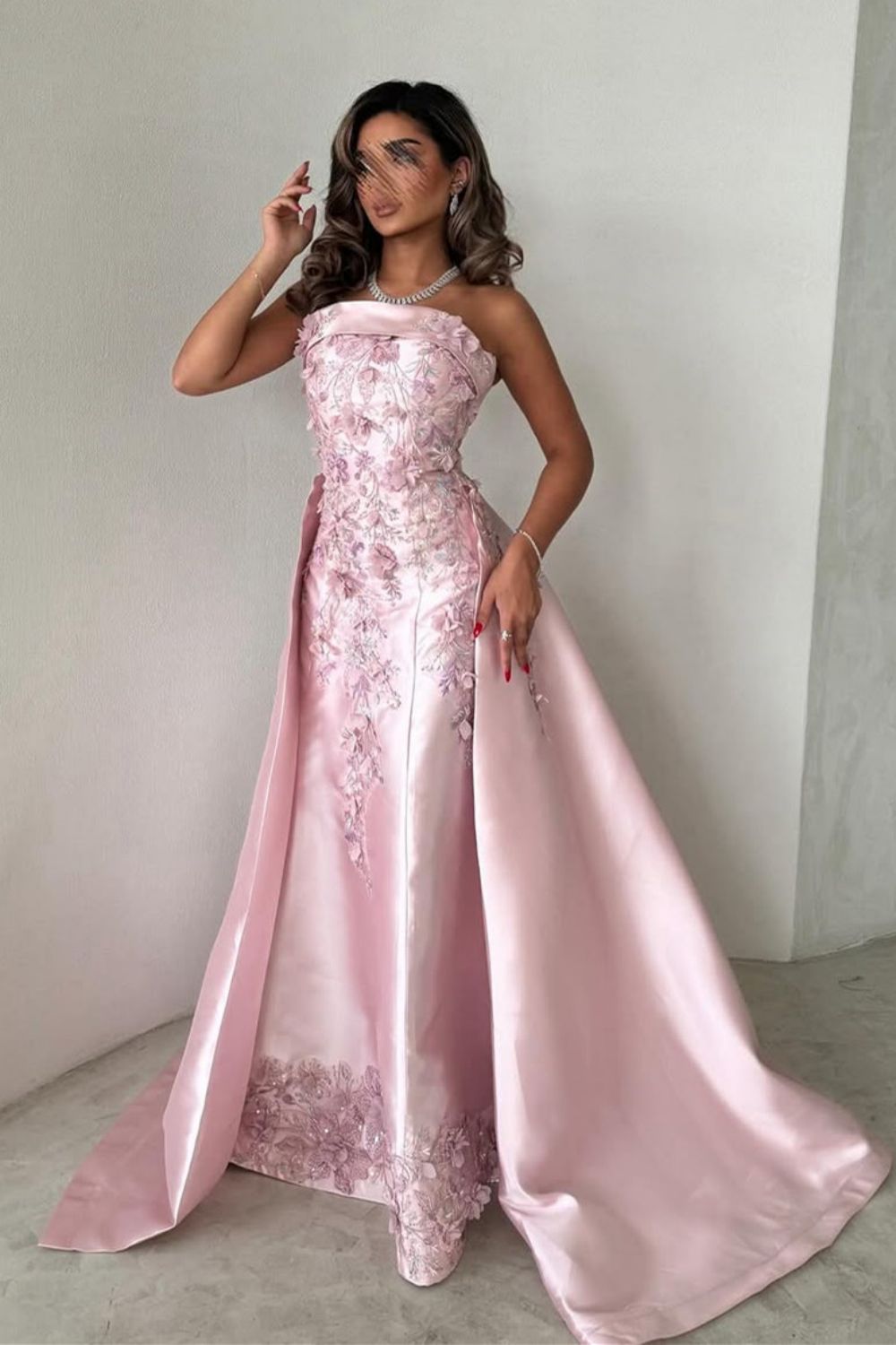 Luuvis Women Elegant Pink A-Line Strapless Satin Party Dress with Appliques  and Detachable Train
