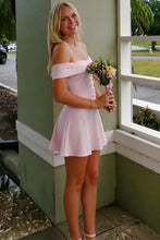Load image into Gallery viewer, Pretty A Line Off the Shoulder Light Pink Short Homecoming Dress with Ruffles