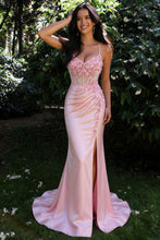 Load image into Gallery viewer, Stunning Mermaid Spaghetti Straps Pink Satin Prom Dress with Floral Embellishments